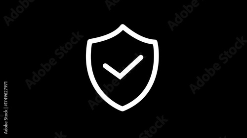 Animated white shield icon with a checkmark inside, symbolizing security and approval, on a dark background with subtle motion and smooth transition effect, perfect for technology and safety concepts,