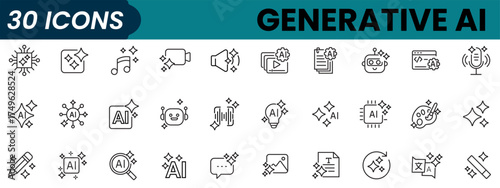 Set of 30 outline icons related to generative ai. Linear icon collection. Editable stroke. Vector illustration