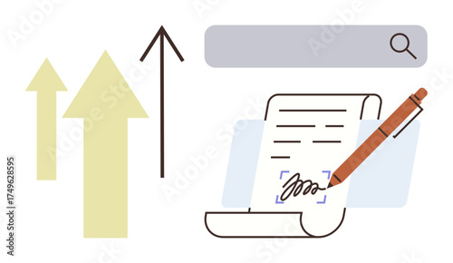 Arrows pointing upward highlight progress, while pen writes on paper under a search bar. Ideal for creative writing, education, content creation, growth, productivity, strategy, and innovation