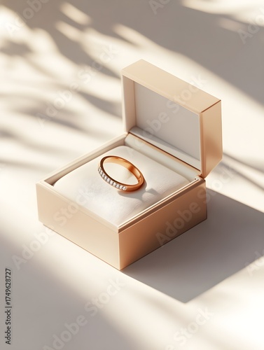 Elegant gold diamond ring displayed in a luxury box, perfect for engagement or wedding announcements, showcasing sophistication and love