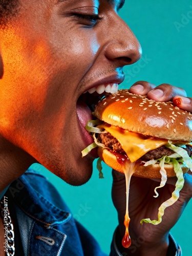 Closeup of a man taking a big bite out of a juicy cheeseburger with lettuce and dripping sauce
