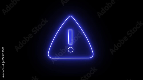 blue neon abstract warning sign with exclamation mark inside a triangle and circle on a black background animation	