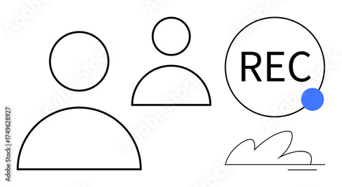 Two minimal user avatars, a recording indicator with REC text, and abstract shapes for digital communication. Ideal for online meetings, virtual collaboration, streaming, webinar tool, user