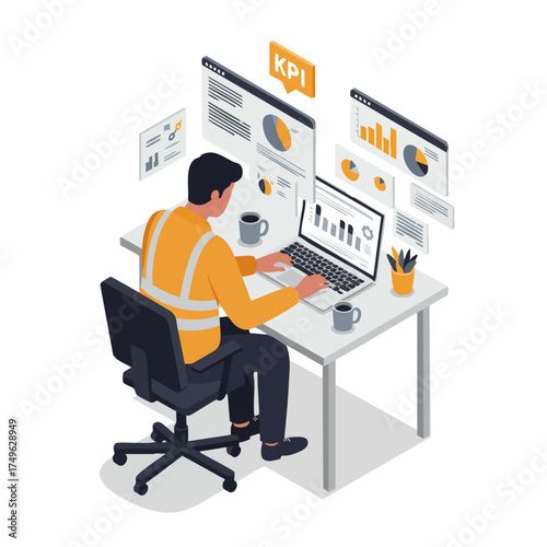 Isometric Detail Man Analyzing KPI Data on Laptop at Office Desk