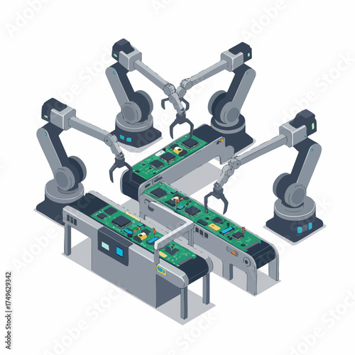 Isometric Precision Assembly Line with Robotic Arms Manufacturing Electronics Illustration