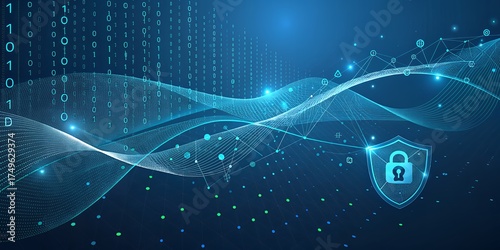 Digital security shield with glowing padlock and abstract data stream