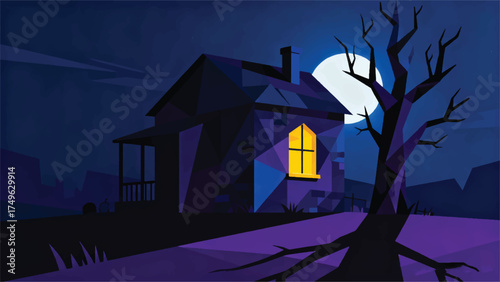 Illustration Of An Old House With Yellow Lighted Windows, A Dry Tree Beside It, A Spooky Halloween Atmosphere Vector Design Template