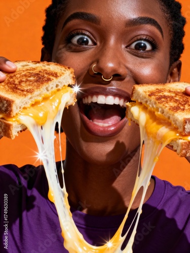 Excited woman holding a gooey grilled cheese sandwich with melted cheese stretching out