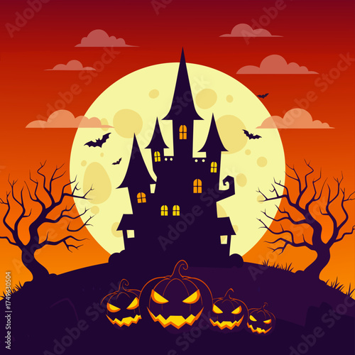 Spooky Halloween night background with a haunted house on a hill, a full moon, bats, and jack-o-lanterns