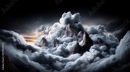 Majestic Mountain Peaks Emerging from a Sea of Clouds: Dramatic Landscape with Golden Light and Stormy Skies for Epic Backgrounds