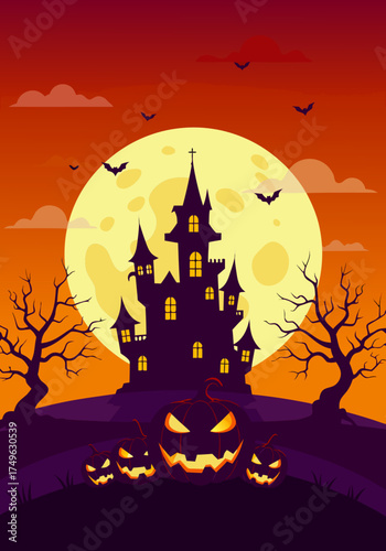 A vector illustration of a spooky haunted castle with glowing pumpkins on a full moon night background