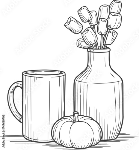 Cozy autumn still life with pumpkin and marshmallow mug. Doodle style. Vector outline illustration for coloring book, card