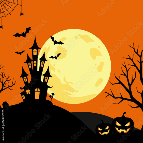 Spooky Halloween Night with a Haunted House and Full Moon in the Background