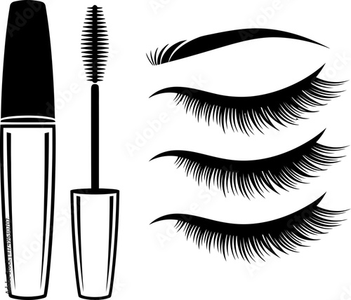 Mascara tube and wand with various false eyelash options and eyebrow design. Beauty product and makeup concept. Black and white vector illustration