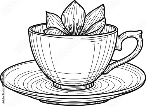 Teacup with a blooming lily flower inside. Line art style. Harmony, nature and tea time concept. Vector illustration