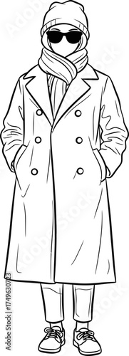 Incognito person woman in long coat and sunglasses. Secret agent concept. Vector illustration for design, avatar, app, icon