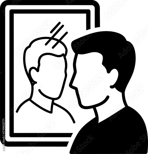 Man look at himself in mirror reflection. Self care, self esteem, identity concept. Vector icon for app, web design, presentation