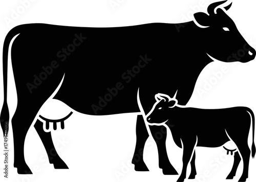 Black silhouette of a mother cow and her calf isolated on white background. Farm animal family concept. Vector illustration for icon, logo, brand design