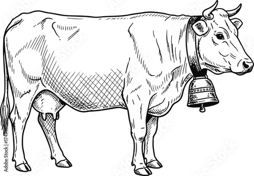 Sketch cow with bell standing side view, farm animal outline, agriculture, farming, livestock concept. Vector illustration animal