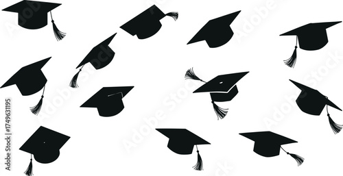 Graduation caps flying in air, black mortarboards, tassel movement, academic celebration, university ceremony, student success, education milestone, festive achievement, school event