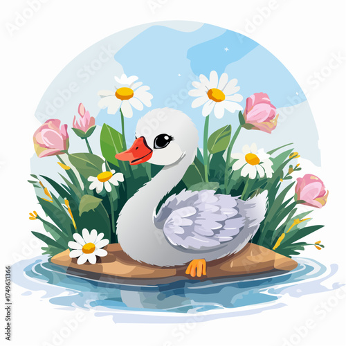 Schwanenküken auf der Blumenwiese