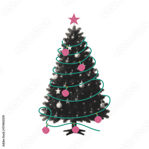 Christmas tree halftone art collage cut out. Vector illustration isolated on transparent background.