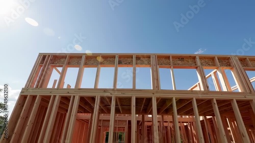 Construction of a wooden house frame against a clear blue sky.