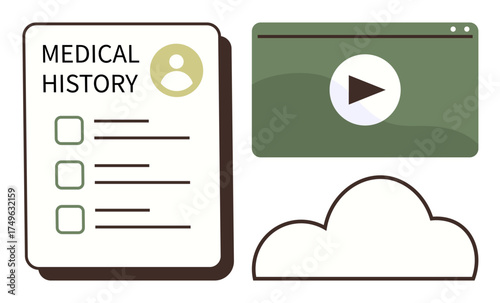 Medical history document, multimedia video window, cloud icon illustrating healthcare digitization. Ideal for telemedicine, e-health, education, data sharing, analysis, storage connectivity simple