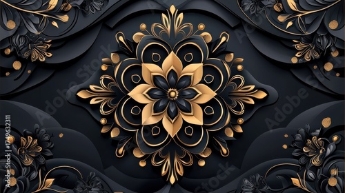 Luxurious Black and Gold Floral Ornament: A Sophisticated Decorative Design for Backgrounds, Invitations, and Fine Art Projects