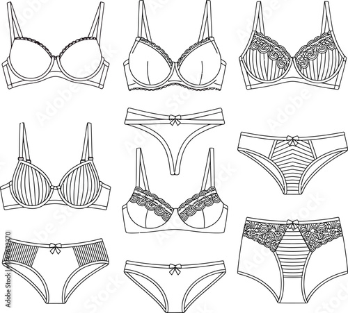 Collection of intricate lace lingerie bras and panties in black and white sketch style