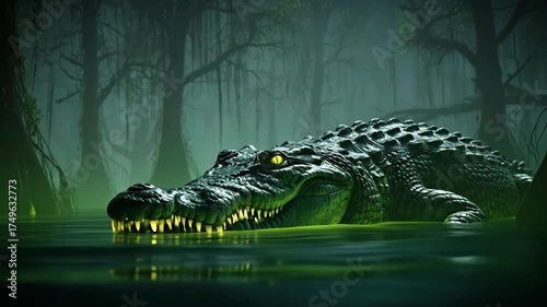 A large alligator with glowing yellow eyes rests in the murky green water of a dark, foggy swamp. Bare trees with hanging moss create a mysterious and slightly menacing atmosphere in the background.