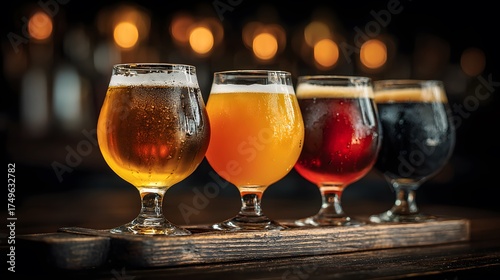 Four glasses of craft beer are lined up on a wooden bar top, showing a gradient of colors. The background is a dark, out-of-focus bar setting.