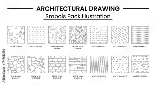 Landscape Architecture CAD Vector Patterns Set. Grass, Water, Stone, Wall, and Texture Elements