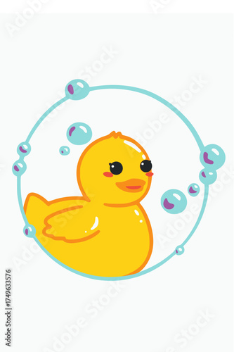 Minimalistic style logo of a yellow duckling, with bubbles around it 