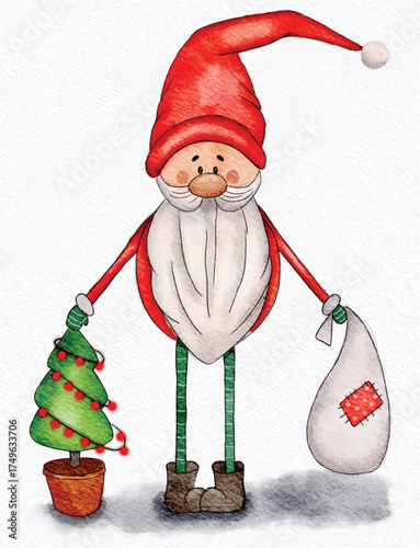 Cute Watercolor Santa Gnome
