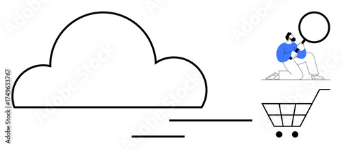 Large cloud shape with user holding magnifying glass and cart icon. Ideal for technology, e-commerce, data storage, cloud solutions, online business, innovation, research. Simple flat metaphor