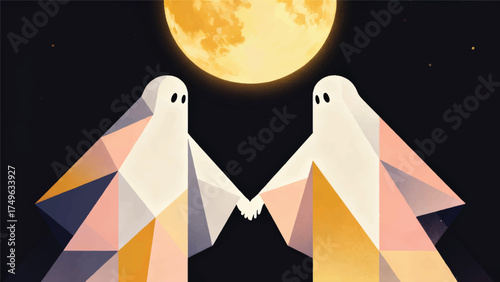 Illustration Of A Romantic Ghost Couple Holding Hands Under The Full Moon Vector Design Template
