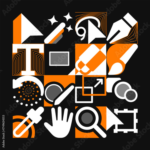 Geometric composition of design tools for illustrators. Brutalist vector illustration