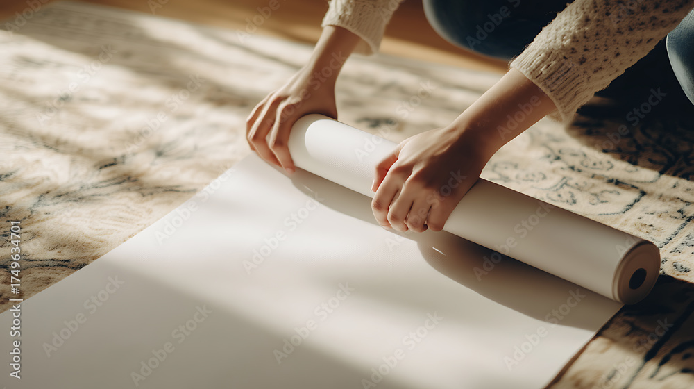 Obraz premium Hands rolling out a large, blank white sheet of paper on an patterned rug in a brightly lit room. Preparation for a creative project or display.