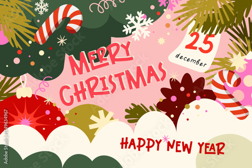 Christmas and new year horizontal banner, poster, wallpaper, creative modern, hand drawn, vector illustration, winter season background, greeting card