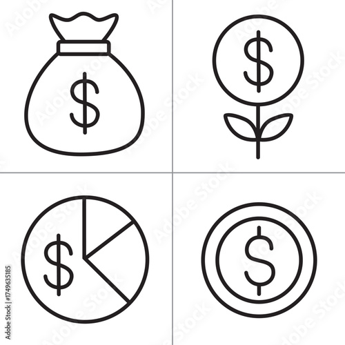 Money and Finance Line Icon Set. Dollar Symbol, Coin, Growth, and Investment Outline Vector