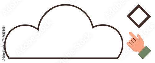 Hand interacting with a cloud outline and diamond shape. Ideal for technology, cloud, creativity, interaction, networking, innovation, connection, simple flat metaphor