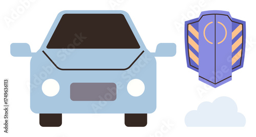 Blue car facing forward with a security shield at the side and a cloud below. Ideal for car insurance, road safety, cloud technology, vehicle monitoring, transportation, automotive apps