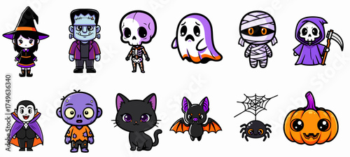 Whimsical Halloween characters including witch, vampire, ghost, and mummy in colorful illustrations. Fun Halloween visuals feature playful creatures like bat, spider, and pumpkin,
