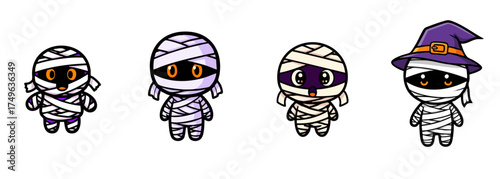 Cute mummy characters with colorful features and unique expressions representing Halloween festivities. These adorable mummy designs include playful expressions,