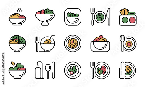 A collection of colorful line icons representing healthy meals, including various salads, bowls, and dining utensils for culinary design
