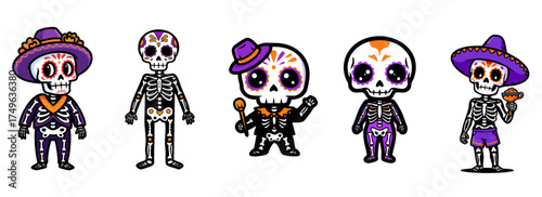 Playful skeleton characters in colorful attire, showcasing unique designs with hats and accessories. Fun skeleton figures embody festive spirit,