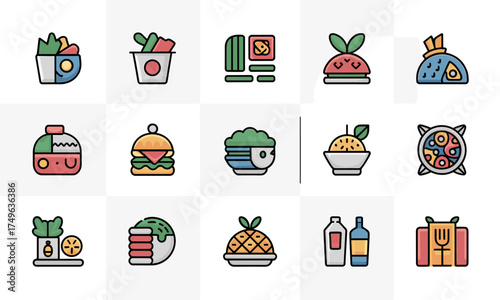 Delicious Food Icons A Colorful Collection of Culinary Delights, Representing Various Dishes and Meals