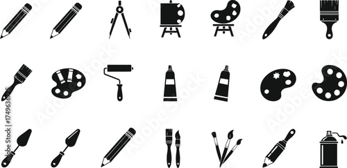Art and drawing tool icons, black silhouette set, pencils, brushes, palette, spray can, cad drawing flat vector illustration