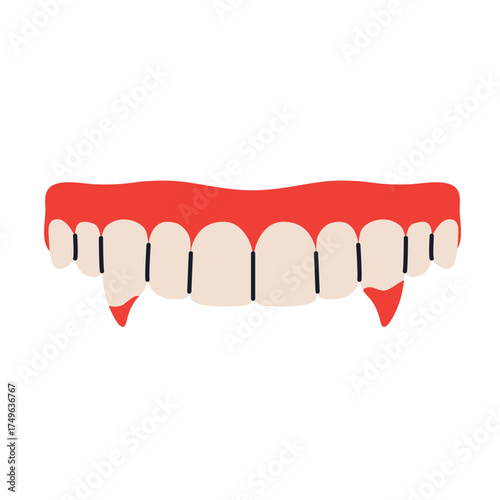 bloody vampire teeth; Halloween concept of scary vampire mouth, sharp fangs; perfect for posters, party invitations, horror designs, and spooky seasonal decor - vector illustration